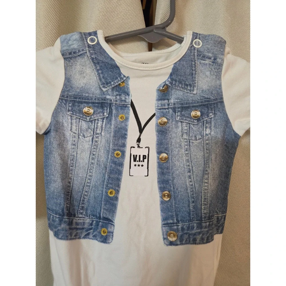 H&M Kids White Long Sleeve Bodysuit Denim Vest VIP Graphic Organic Cotton 2-4M